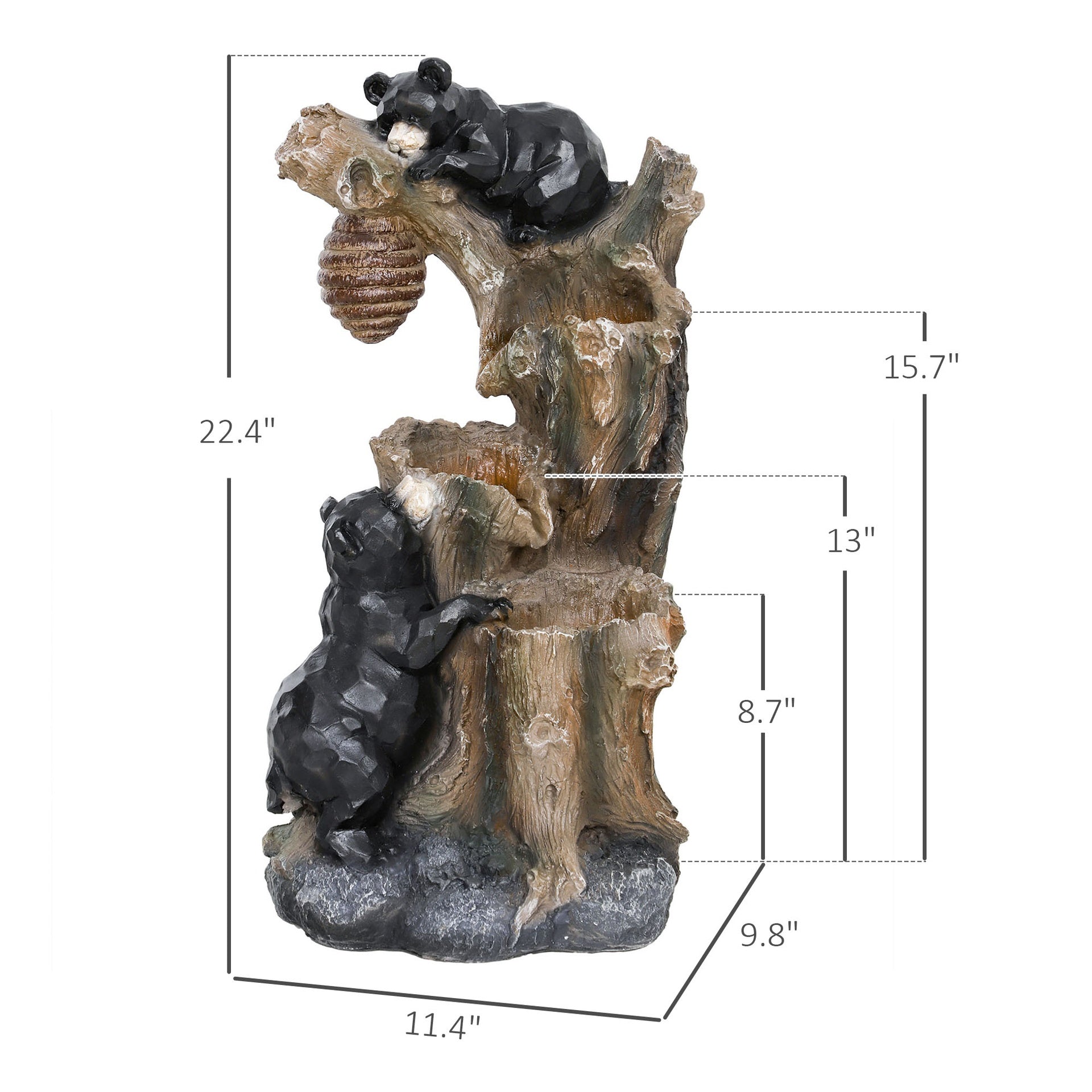 Outdoor Fountain, 3-Tier Resin Resin Bears and Honey Beehive Outdoor Waterfall Fountain with LED Lights, Pump
