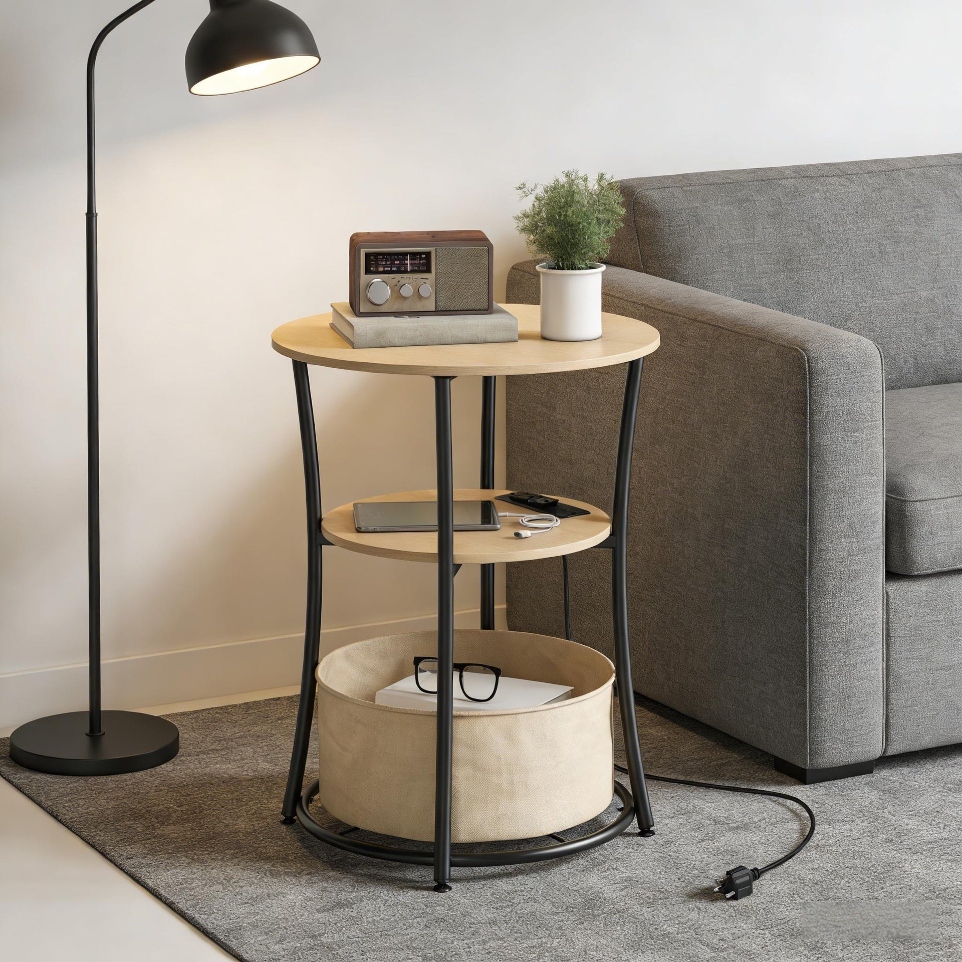 Coffee Table Round Side Table with Charging Station, 3-Tier End Table with Fabric Storage Bag and Shelf, Natural Wood