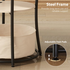 Coffee Table Round Side Table with Charging Station, 3-Tier End Table with Fabric Storage Bag and Shelf, Natural Wood