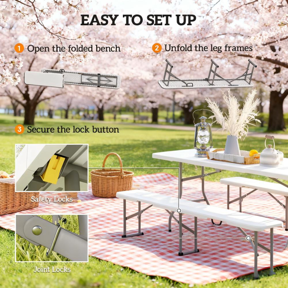2 Pack  6 ft Camping Portable Foldable Bench Seats Plastic Folding Benches with Carrying Handle