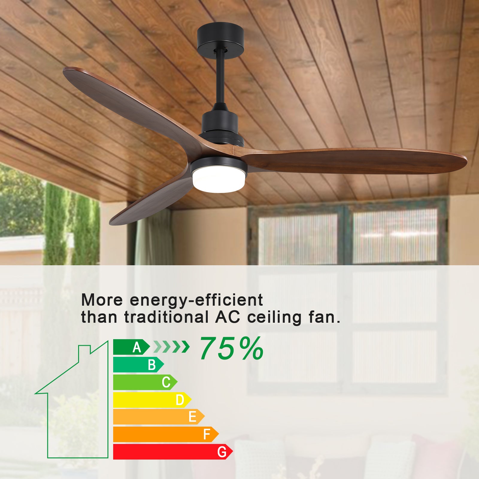 60 Inch Ceiling Fan With Lights 3 Solid Wood Fan Blade, Noiseless DC Motor Remote Control, 3 Downdrods Outdoor Ceiling Fan
