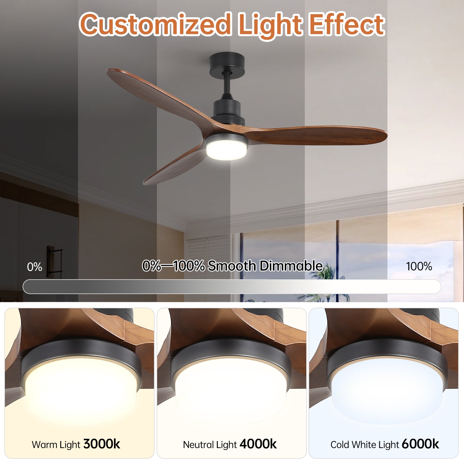 60 Inch Ceiling Fan With Lights 3 Solid Wood Fan Blade, Noiseless DC Motor Remote Control, 3 Downdrods Outdoor Ceiling Fan