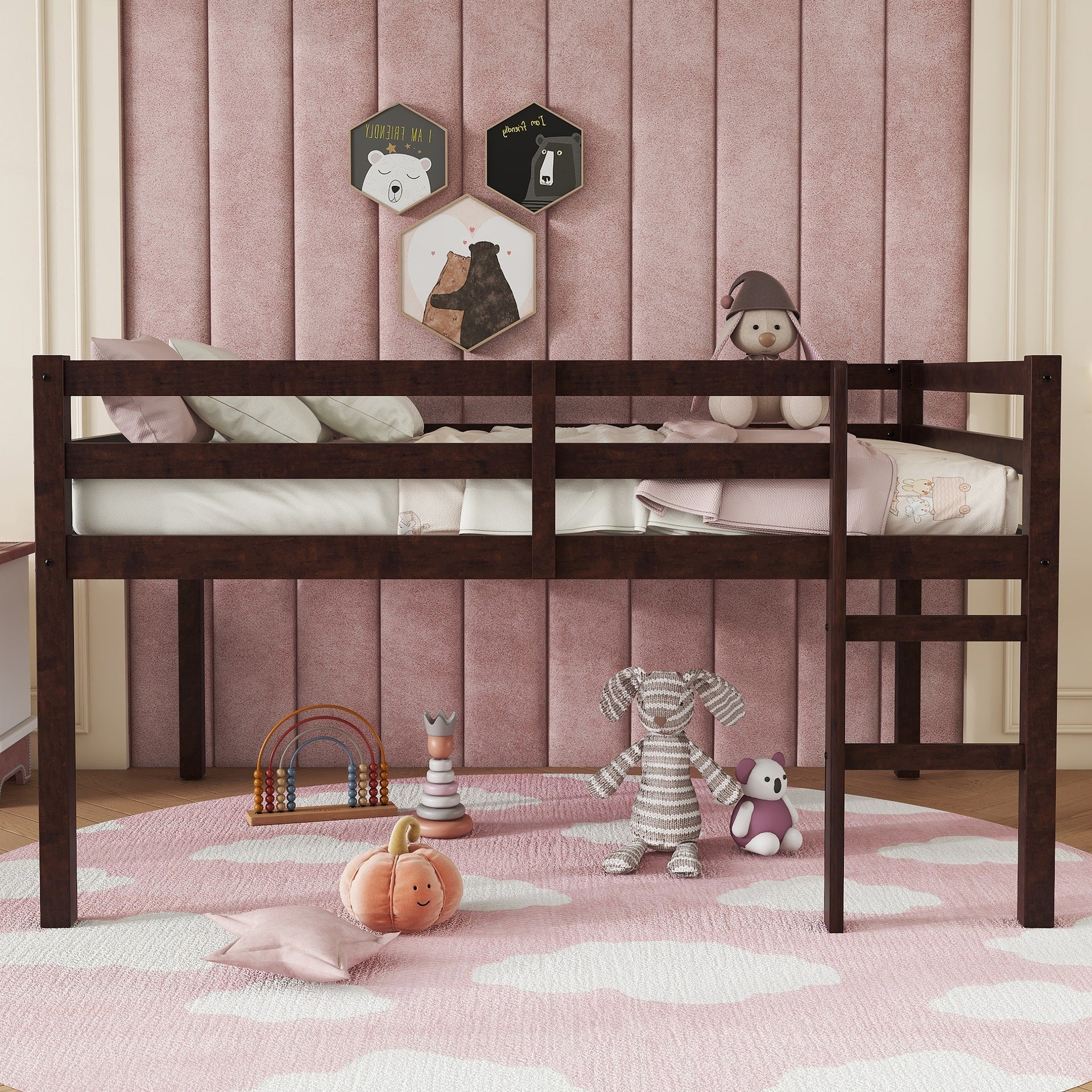 Full Rubber Wood Loft Bed with Ladder,Espresso