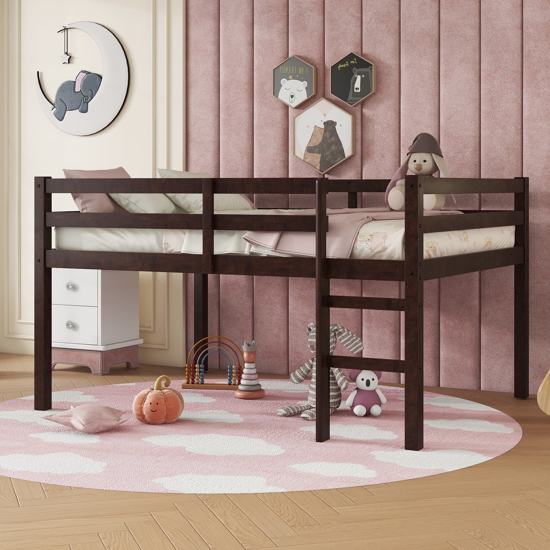 Full Rubber Wood Loft Bed with Ladder,Espresso