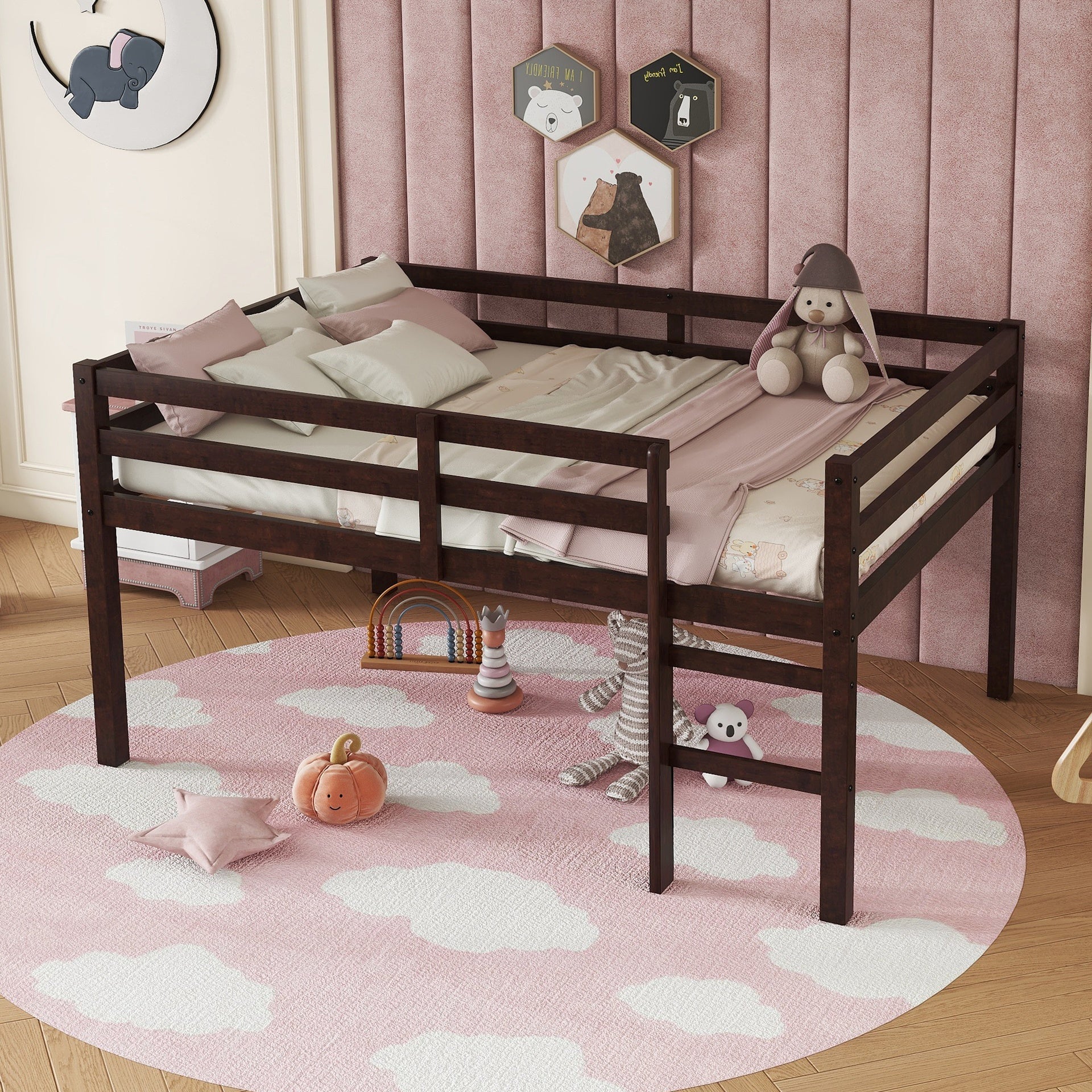 Full Rubber Wood Loft Bed with Ladder,Espresso