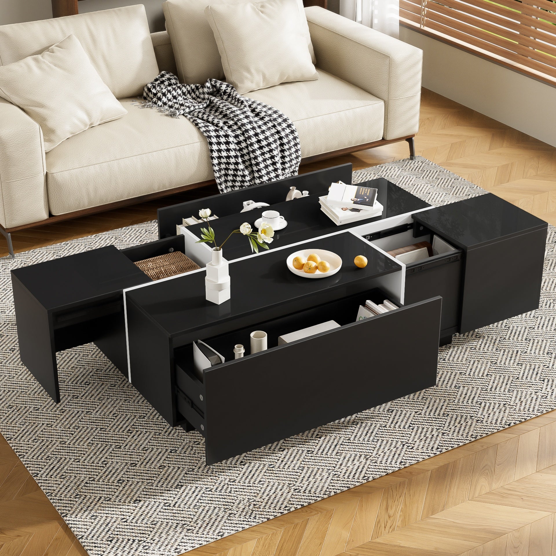U-Can 47.2''-72.7'' Extendable Coffee Table, Multi-Functional Coffee Table with High-Gloss Finish, Coffee Table with 2 Hidden Storage Space and 2 Drawers for Living Room