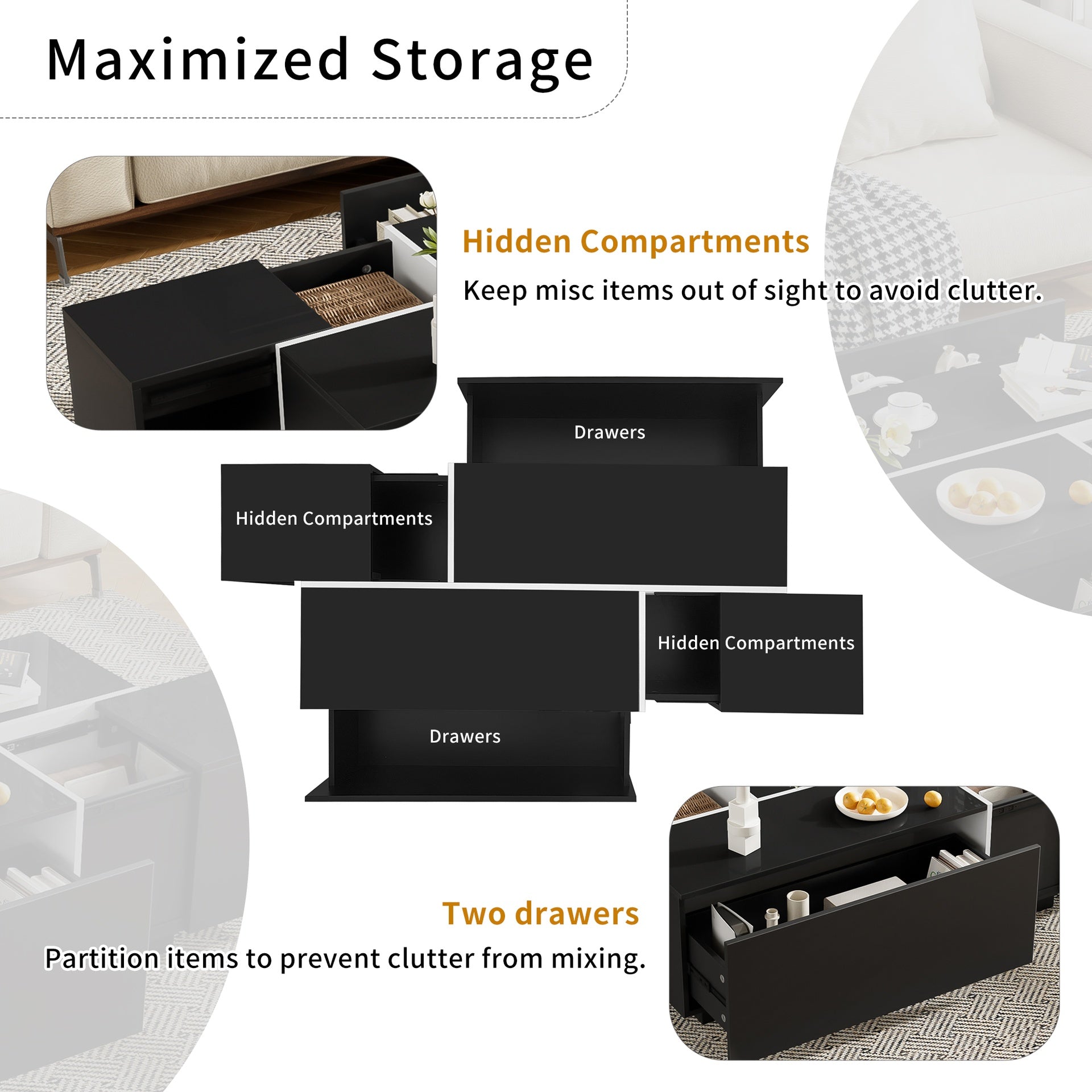 U-Can 47.2''-72.7'' Extendable Coffee Table, Multi-Functional Coffee Table with High-Gloss Finish, Coffee Table with 2 Hidden Storage Space and 2 Drawers for Living Room