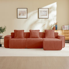 Streamlined Design Modular 3 Seat L Shape Sectional Boneless Sofa with French Edge Piping, No Assembly Required, 3-Seat Sofa Couch with Throw Pillows and 1 Movable Ottoman, Velvet Fabric Red