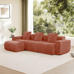 Streamlined Design Modular 3 Seat L Shape Sectional Boneless Sofa with French Edge Piping, No Assembly Required, 3-Seat Sofa Couch with Throw Pillows and 1 Movable Ottoman, Velvet Fabric Red