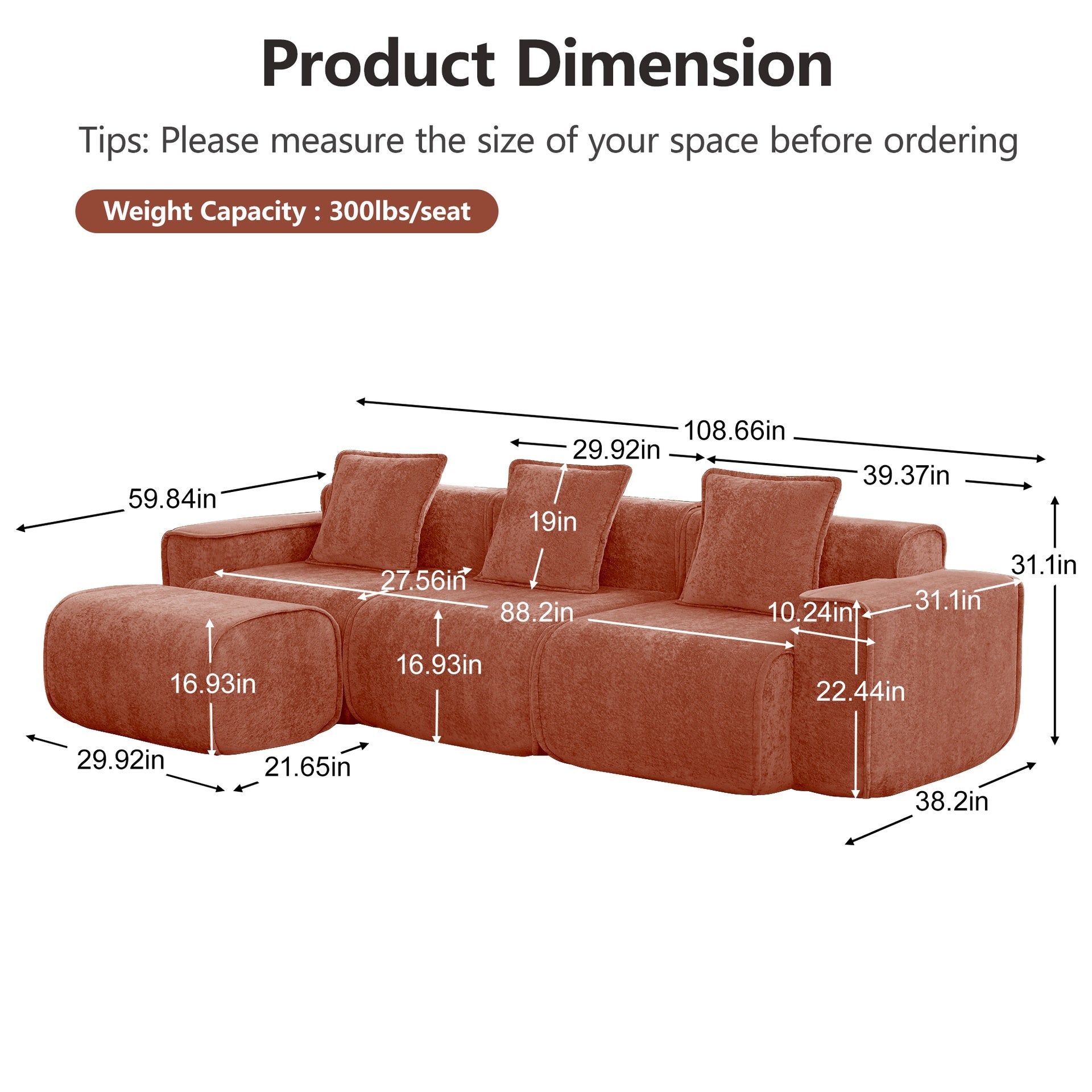 Streamlined Design Modular 3 Seat L Shape Sectional Boneless Sofa with French Edge Piping, No Assembly Required, 3-Seat Sofa Couch with Throw Pillows and 1 Movable Ottoman, Velvet Fabric Red