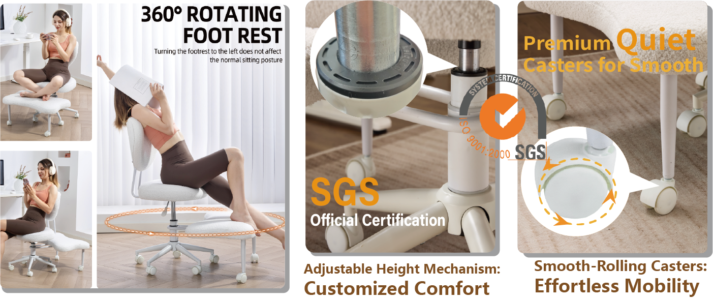 Meditation chair, an ergonomic cross-legged seating chair with lumbar support and a height-adjustable seat cushion, ideal for people engaged in high-intensity office work. Beige