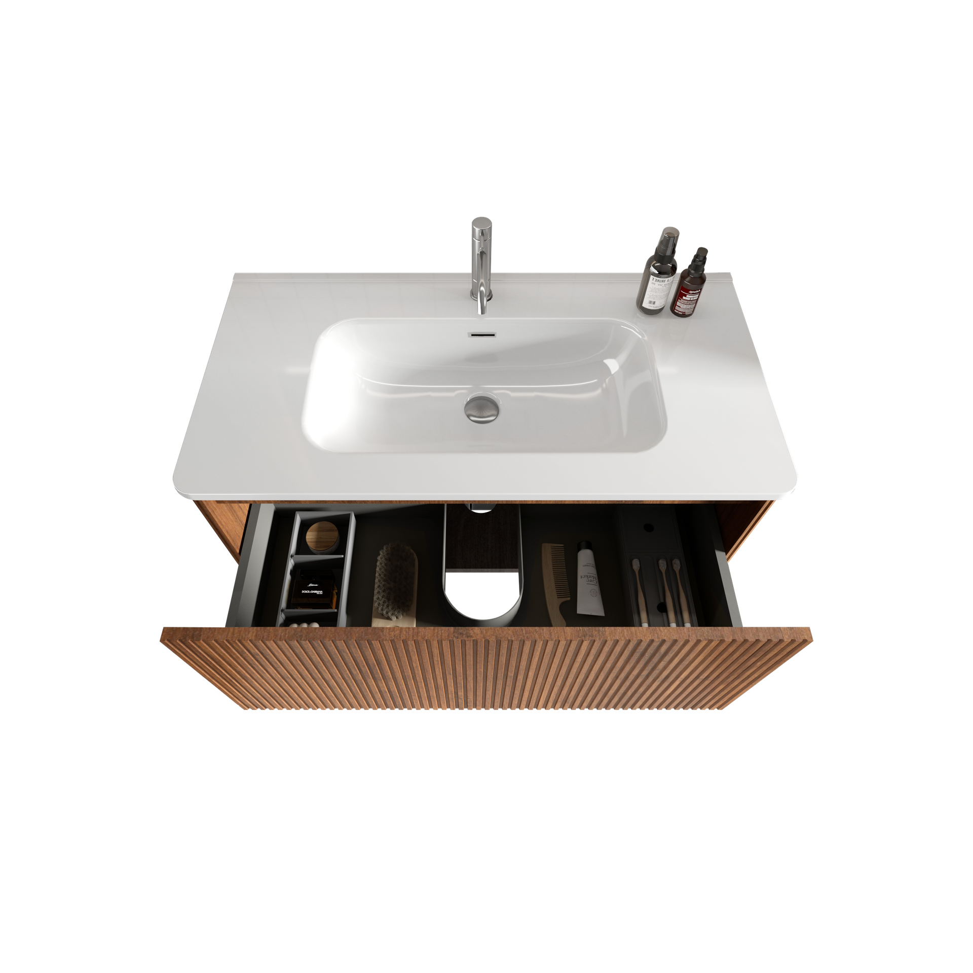 Etna 36" Striped Walnut Bathroom Vanity with White Ceramic Sink, Wall Mounted Floating Bathroom Vanity for Modern Bathroom, KD