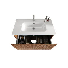 Etna 36" Striped Walnut Bathroom Vanity with White Ceramic Sink, Wall Mounted Floating Bathroom Vanity for Modern Bathroom, KD
