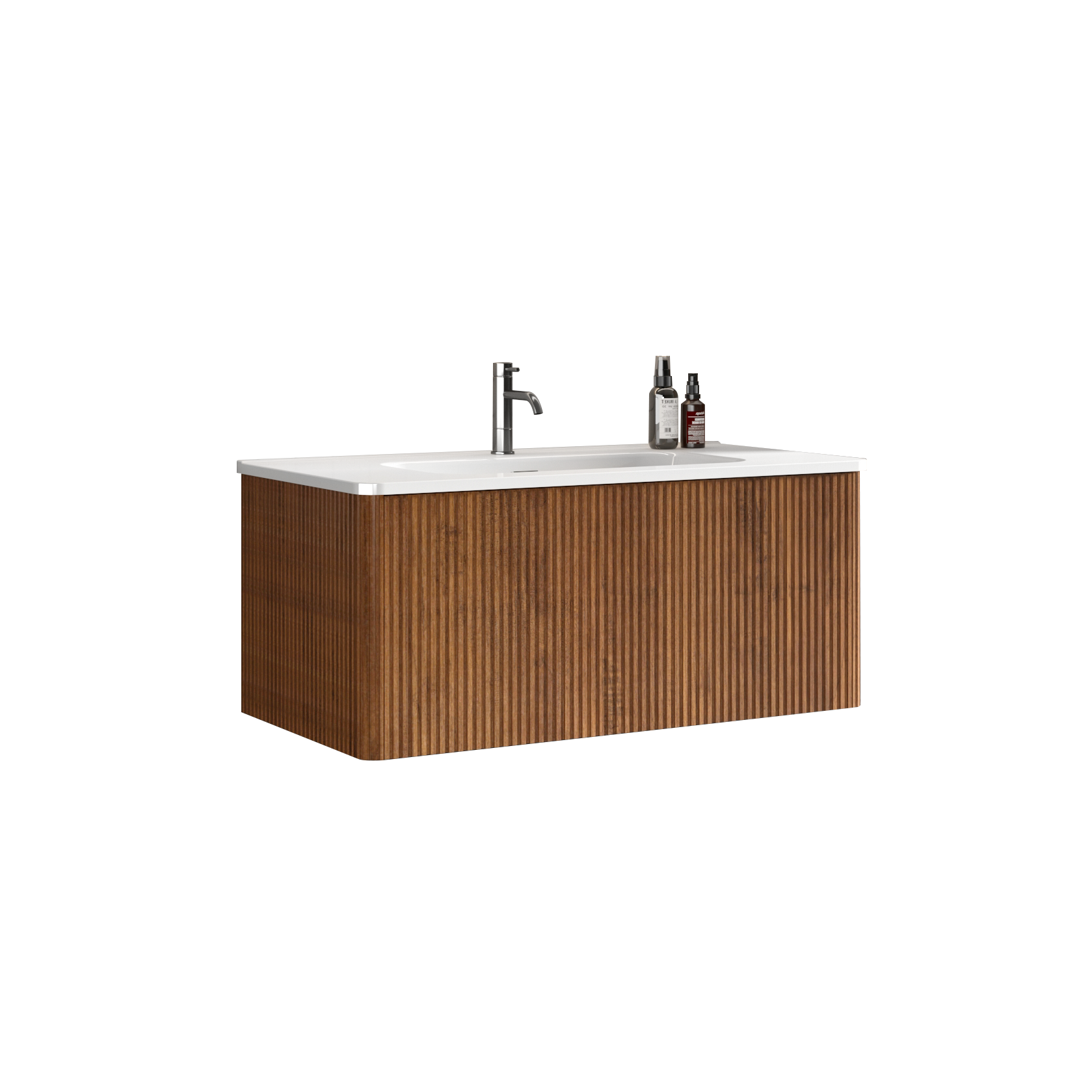 Etna 36" Striped Walnut Bathroom Vanity with White Ceramic Sink, Wall Mounted Floating Bathroom Vanity for Modern Bathroom, KD