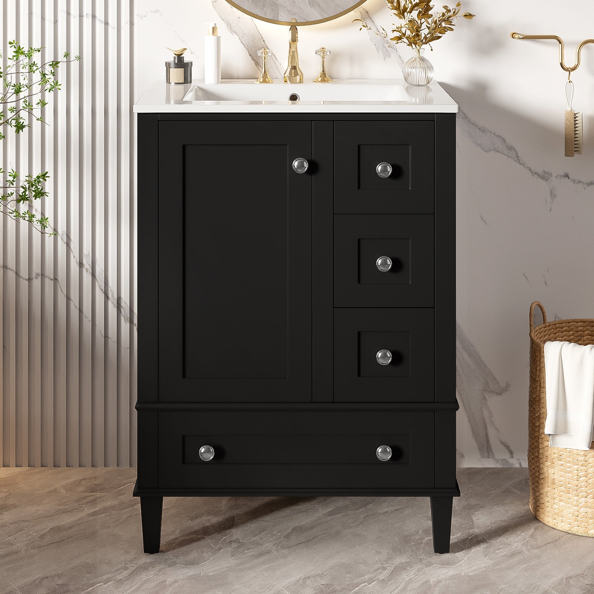 24-inch black bathroom vanity with an integrated ceramic basin, featuring a door-mounted double-layer shelf, soft-close drawers, and a soft-close cabinet door.