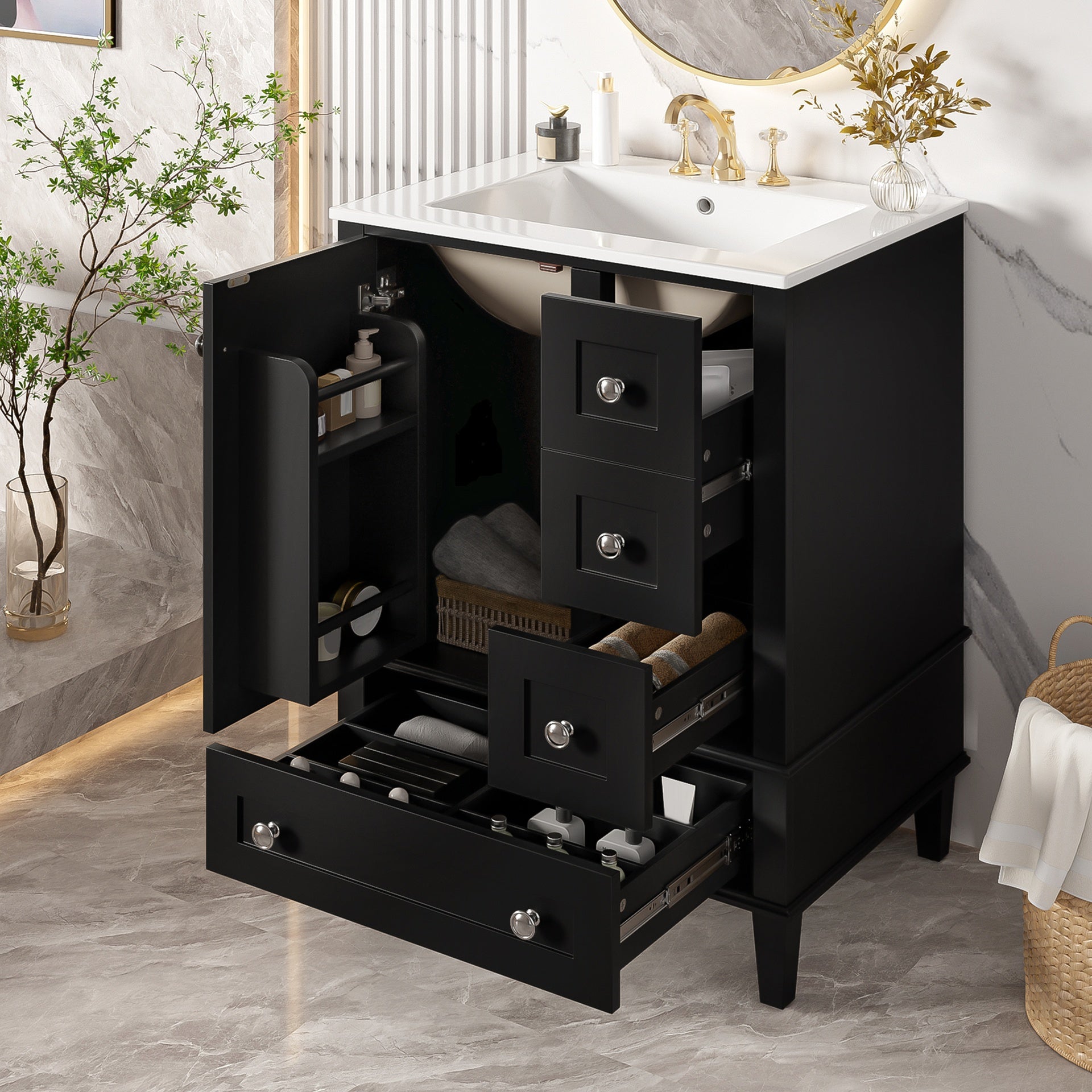 24-inch black bathroom vanity with an integrated ceramic basin, featuring a door-mounted double-layer shelf, soft-close drawers, and a soft-close cabinet door.