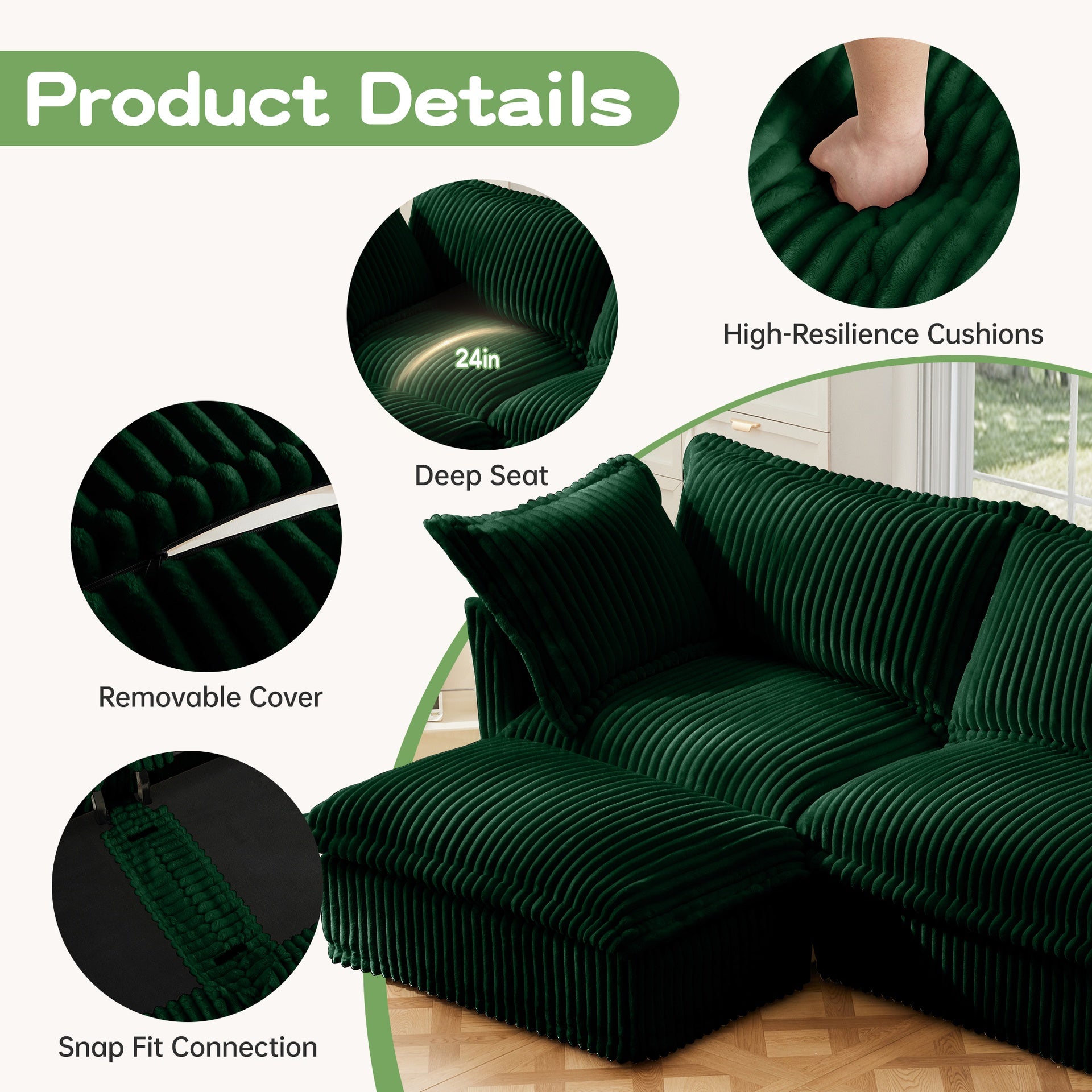 Living Room Sofa Slipcovered Sofa 3 Seater Sofa With 3 Ottomans, Oversized 3-Seat Sleeper Sofa Bed Home Theater Sofa, Corduroy, Green