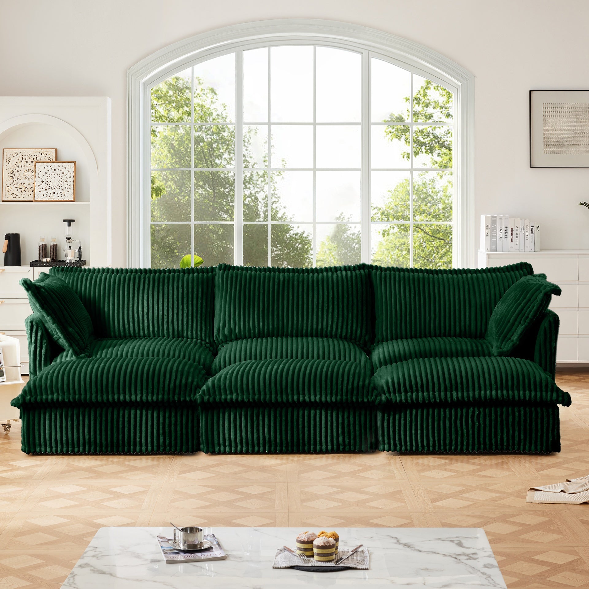 Living Room Sofa Slipcovered Sofa 3 Seater Sofa With 3 Ottomans, Oversized 3-Seat Sleeper Sofa Bed Home Theater Sofa, Corduroy, Green