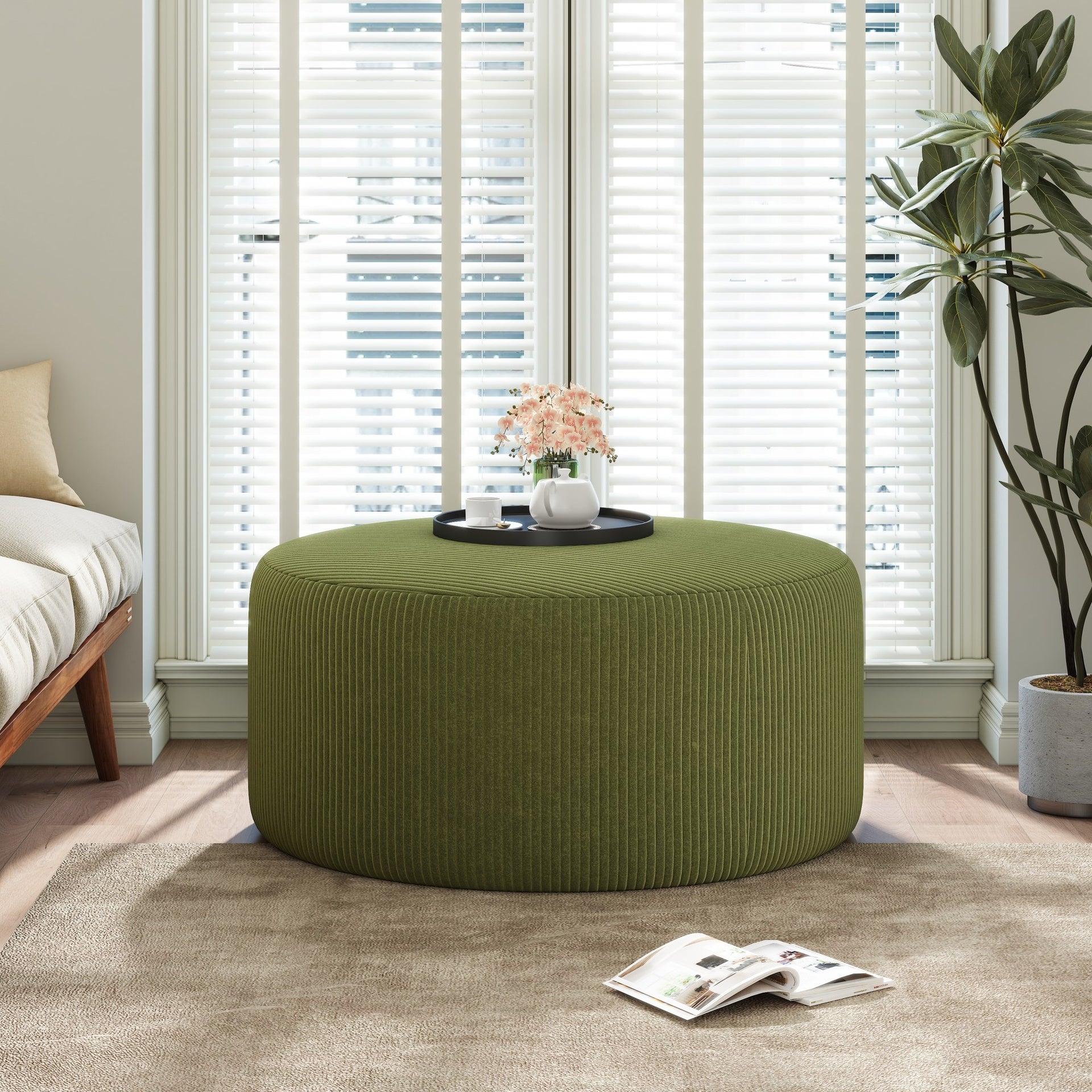 Upholstered Round Ottoman,Olive Green,Corduroy