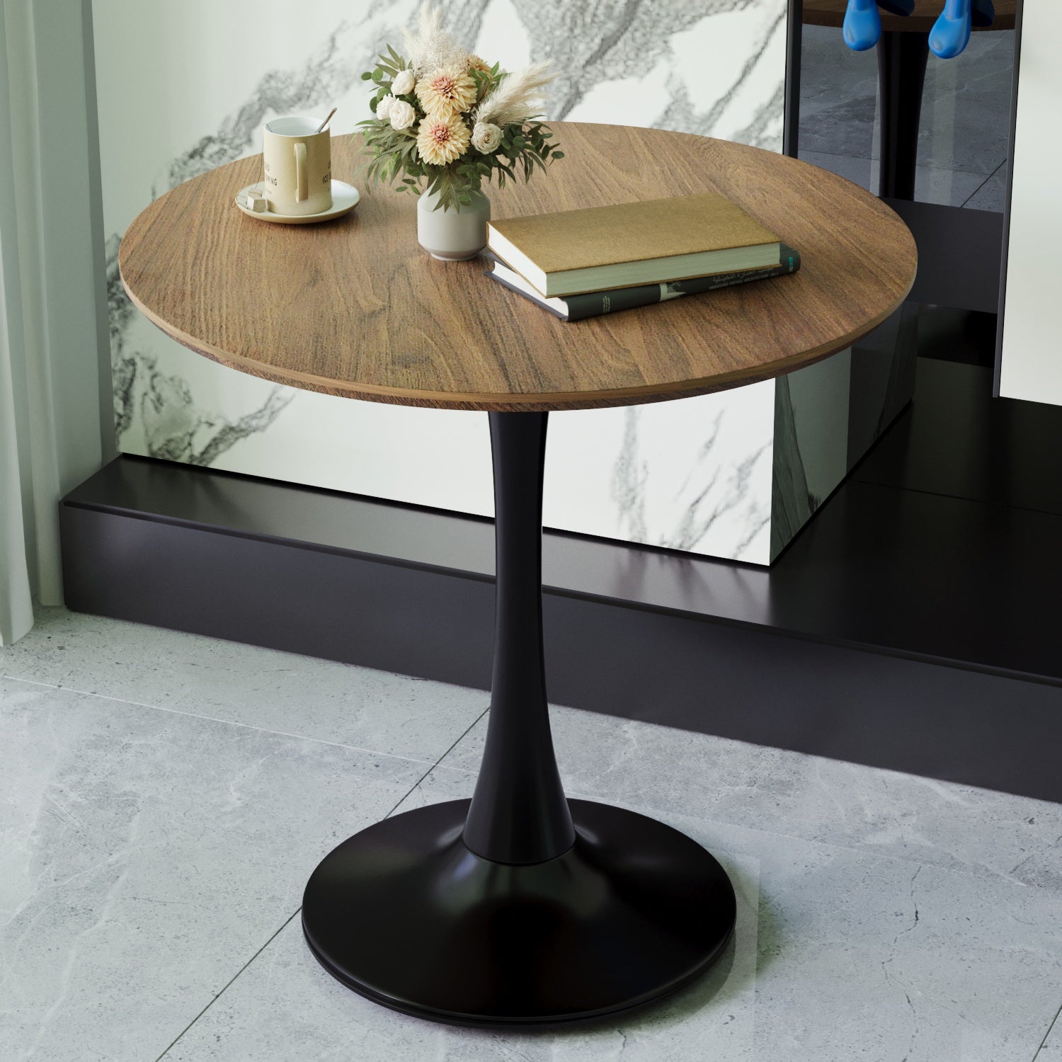 31.5" Walnut color Round Dining Table, Tulip Table Kitchen Dining Table 2-4 People with MDF Table Top & Pedestal Base, Mid-Century End Table Leisure Coffee Table Office Living Room Table