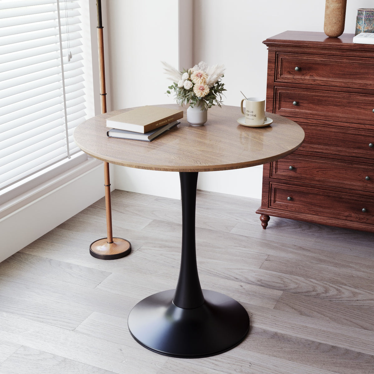 31.5" Walnut color Round Dining Table, Tulip Table Kitchen Dining Table 2-4 People with MDF Table Top & Pedestal Base, Mid-Century End Table Leisure Coffee Table Office Living Room Table