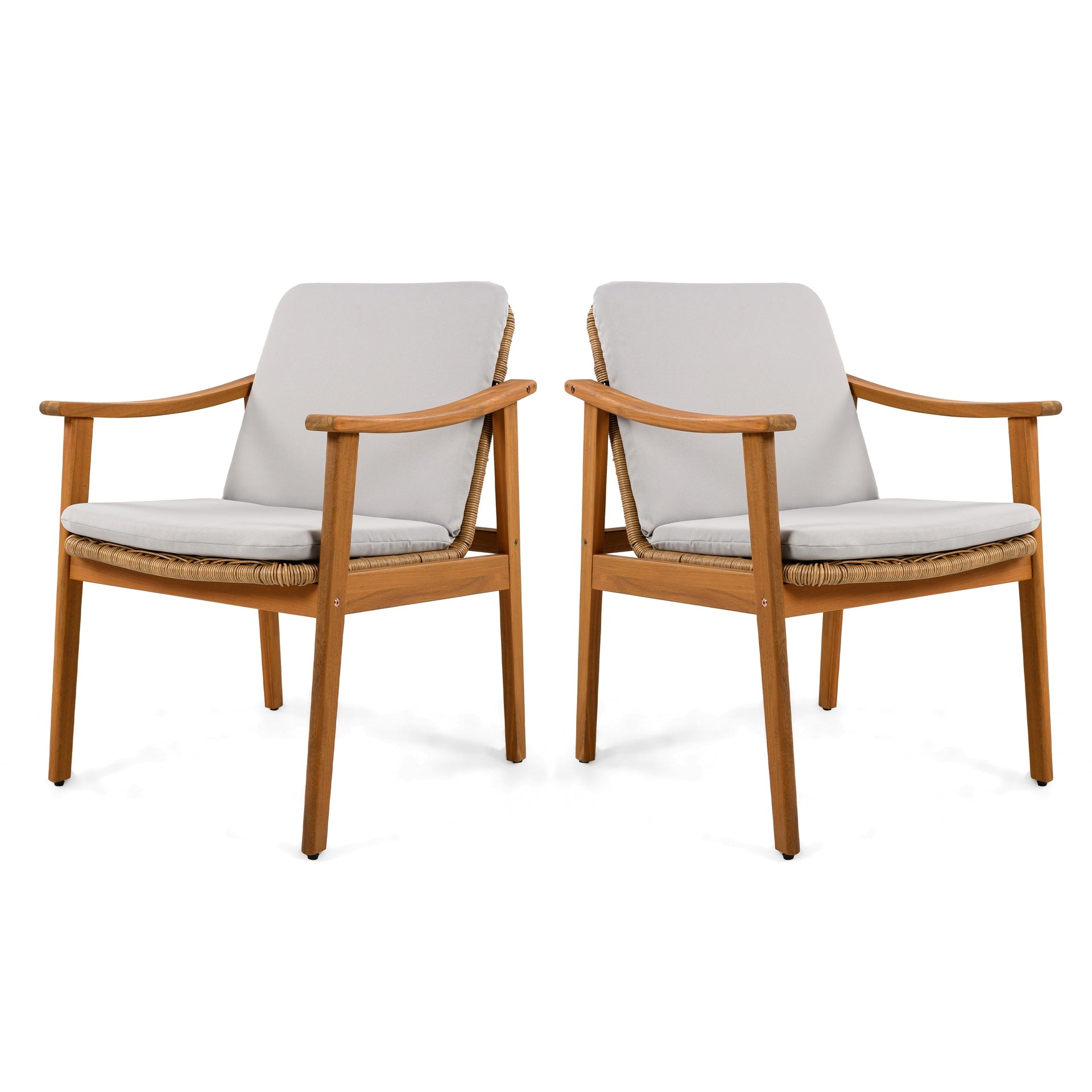Outdoor Dining Chairs Set of 2, Teak Color Acacia Wood Frame, Brown PE Wicker, Grey Waterproof Cushion, Ideal for Patios, Gardens