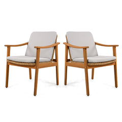 Outdoor Dining Chairs Set of 2, Teak Color Acacia Wood Frame, Brown PE Wicker, Grey Waterproof Cushion, Ideal for Patios, Gardens