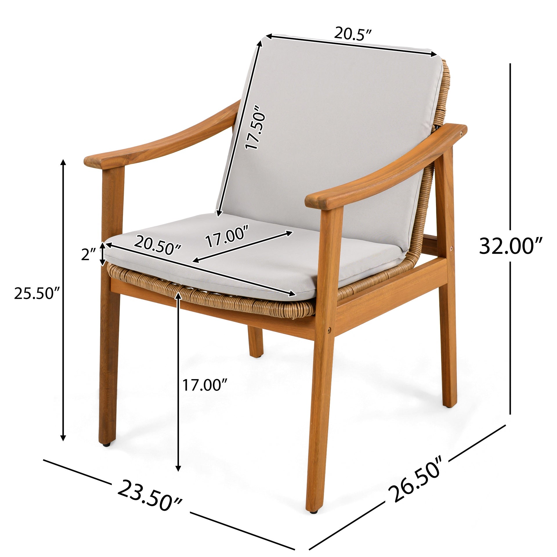 Outdoor Dining Chairs Set of 2, Teak Color Acacia Wood Frame, Brown PE Wicker, Grey Waterproof Cushion, Ideal for Patios, Gardens