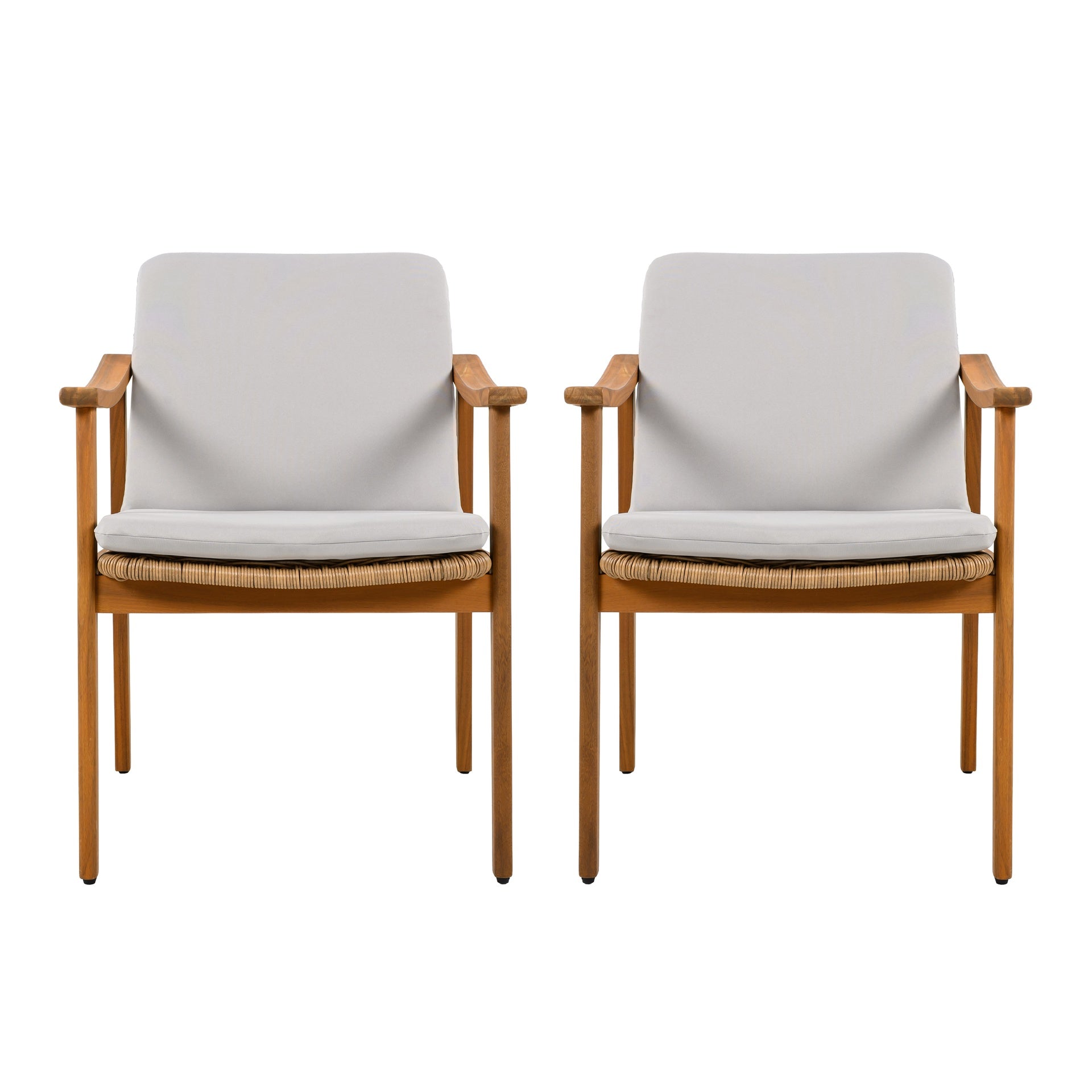 Outdoor Dining Chairs Set of 2, Teak Color Acacia Wood Frame, Brown PE Wicker, Grey Waterproof Cushion, Ideal for Patios, Gardens