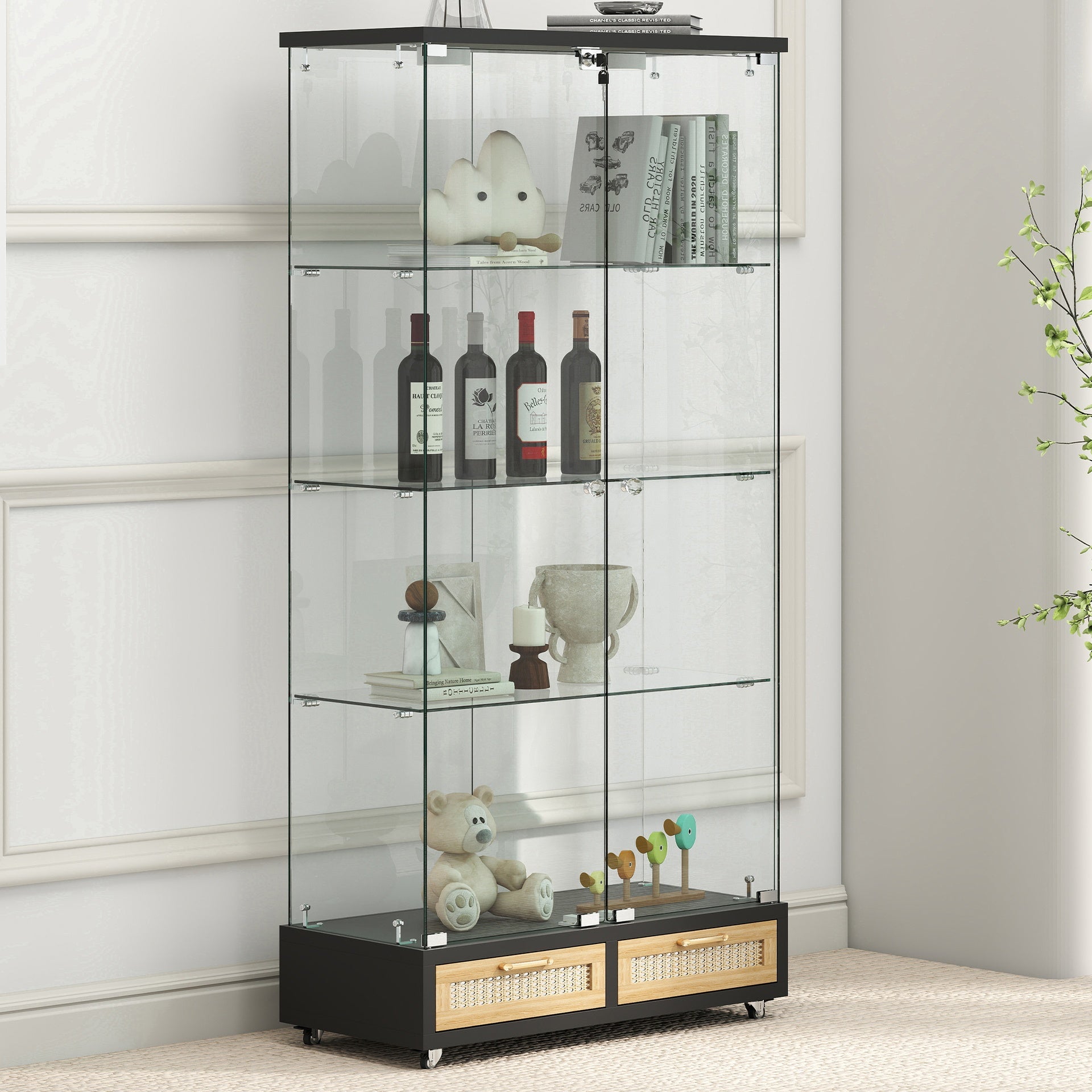 Modern Glass Display Cabinet with Large Drawers,Quick-assembly Antique Cabinet with LED lights,Tempered Glass Bookshelf,2-Door Storage Case with 4 Shelves for Living Room and Bedroom,black and natural