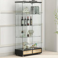 Modern Glass Display Cabinet with Large Drawers,Quick-assembly Antique Cabinet with LED lights,Tempered Glass Bookshelf,2-Door Storage Case with 4 Shelves for Living Room and Bedroom,black and natural