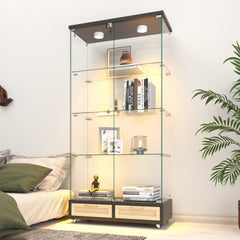 Modern Glass Display Cabinet with Large Drawers,Quick-assembly Antique Cabinet with LED lights,Tempered Glass Bookshelf,2-Door Storage Case with 4 Shelves for Living Room and Bedroom,black and natural
