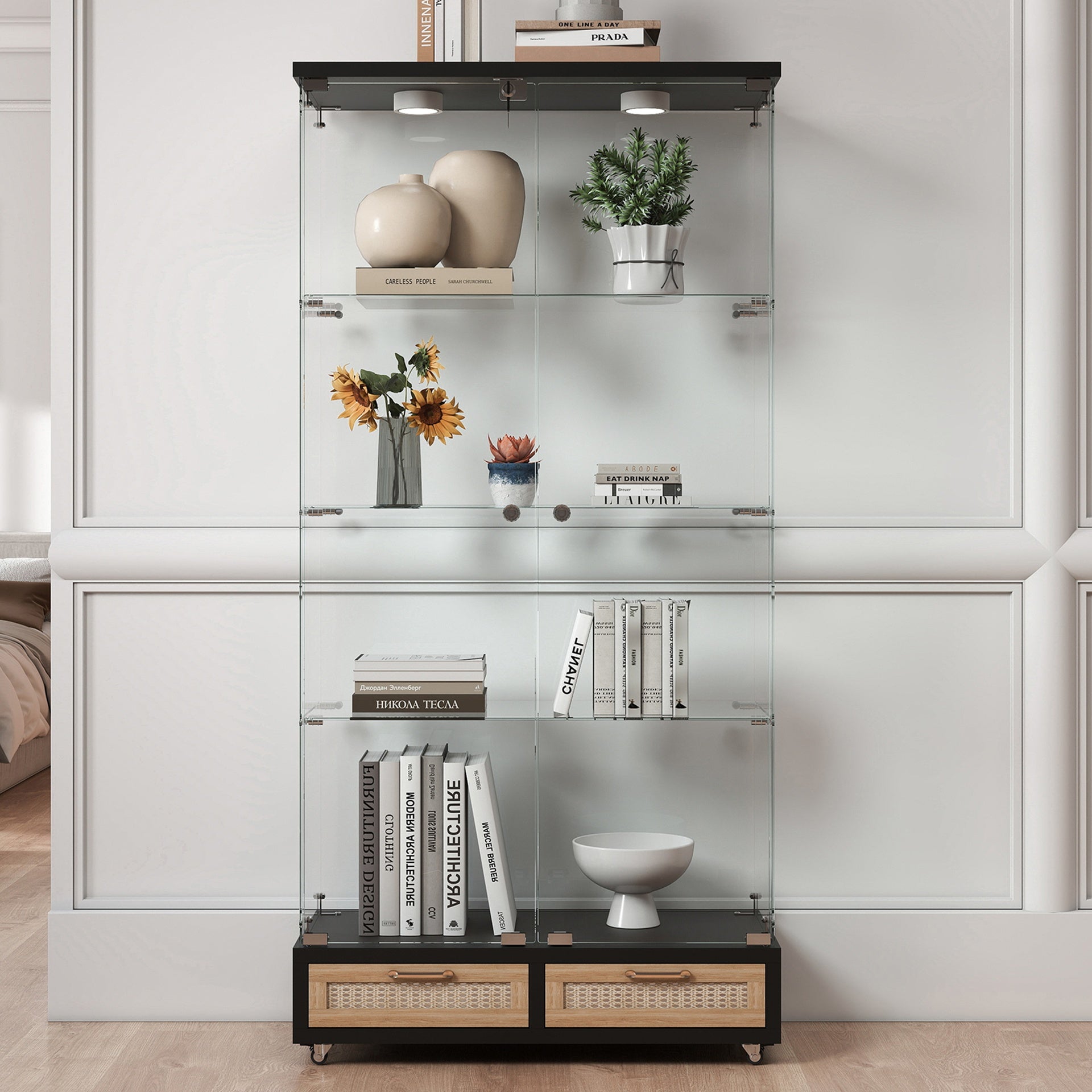 Modern Glass Display Cabinet with Large Drawers,Quick-assembly Antique Cabinet with LED lights,Tempered Glass Bookshelf,2-Door Storage Case with 4 Shelves for Living Room and Bedroom,black and natural
