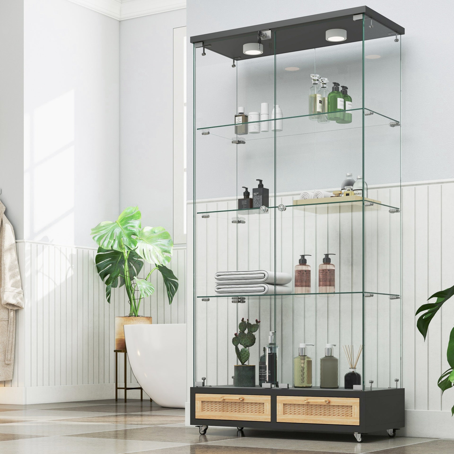 Modern Glass Display Cabinet with Large Drawers,Quick-assembly Antique Cabinet with LED lights,Tempered Glass Bookshelf,2-Door Storage Case with 4 Shelves for Living Room and Bedroom,black and natural