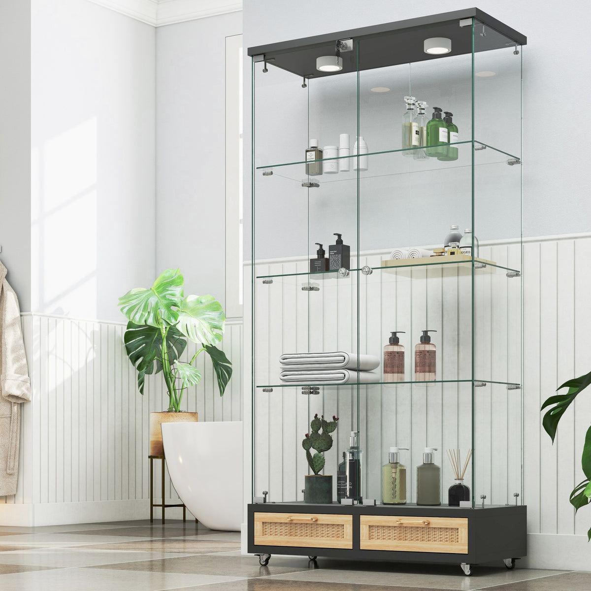 Modern Glass Display Cabinet with Large Drawers,Quick-assembly Antique Cabinet with LED lights,Tempered Glass Bookshelf,2-Door Storage Case with 4 Shelves for Living Room and Bedroom,black and natural