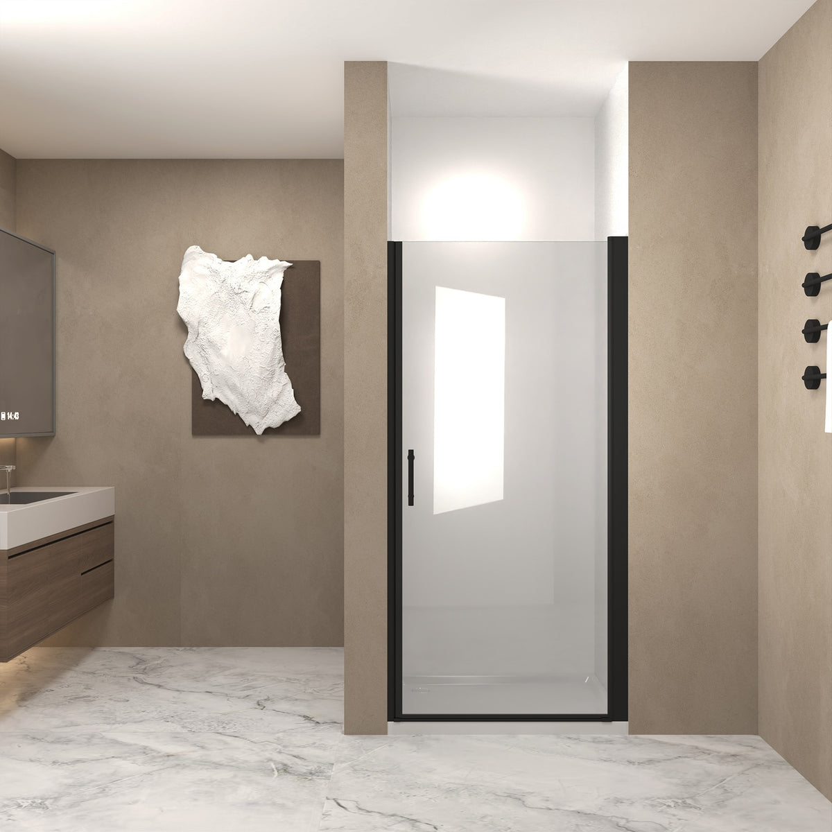 30"x 72" Pivot Shower Door, Matte Black Aluminum Frame, Half Frame ,1/4"(6mm) Tempered Glass Explosion Proof Film,Stainless Steel Handle