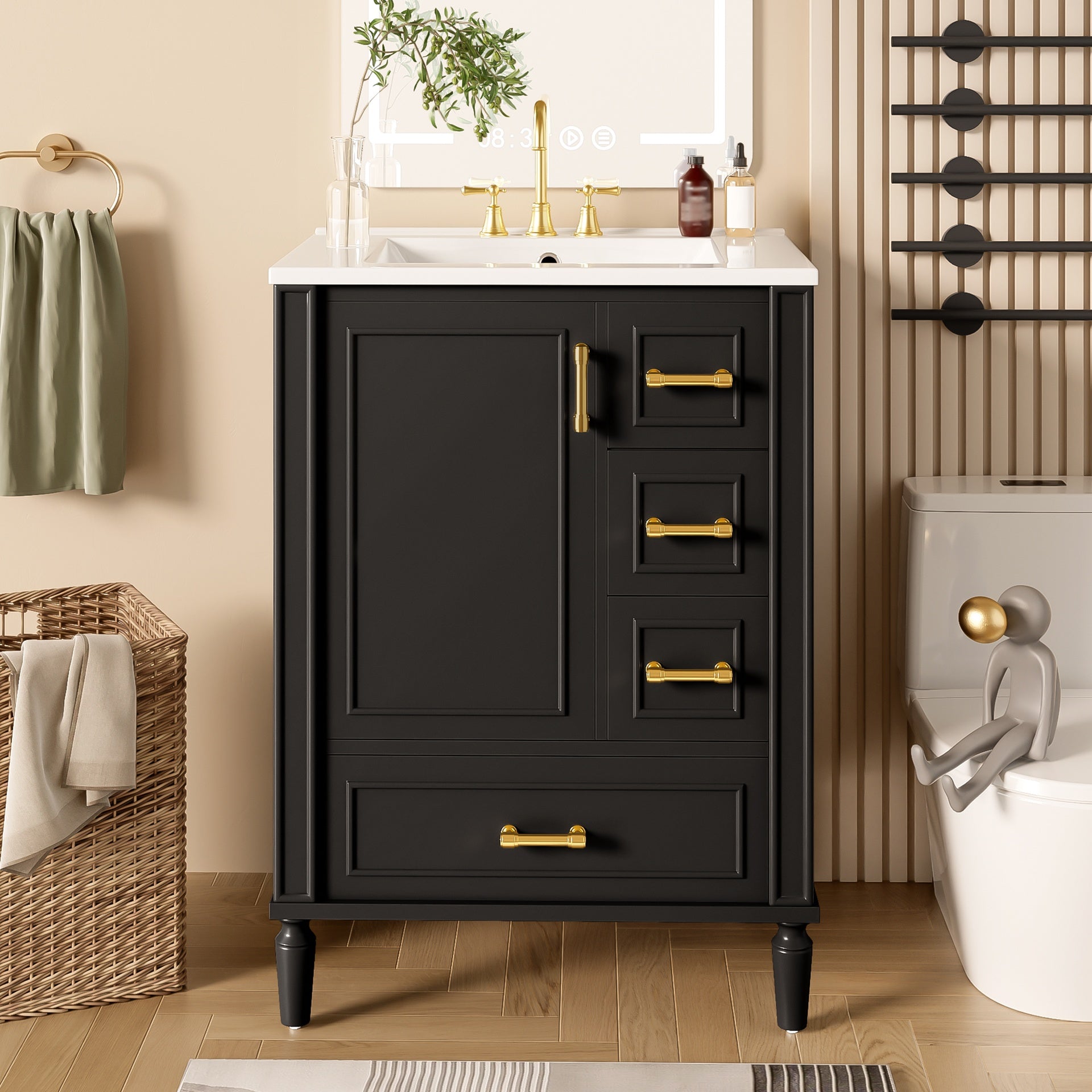 24" Modern Bathroom Vanity with Ceramic Sink, Soft-Close Door, 3 Drawers, Gold Handles, and Door-Mounted Rack for Space-Saving Storage
