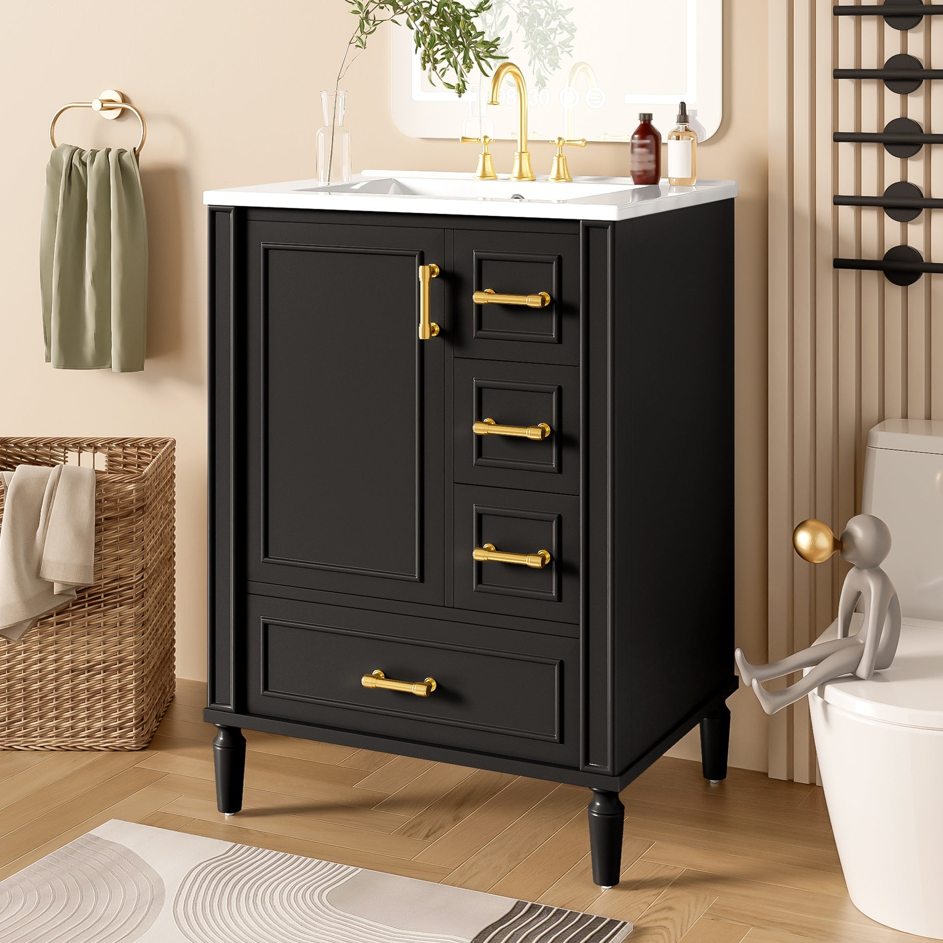 24" Modern Bathroom Vanity with Ceramic Sink, Soft-Close Door, 3 Drawers, Gold Handles, and Door-Mounted Rack for Space-Saving Storage