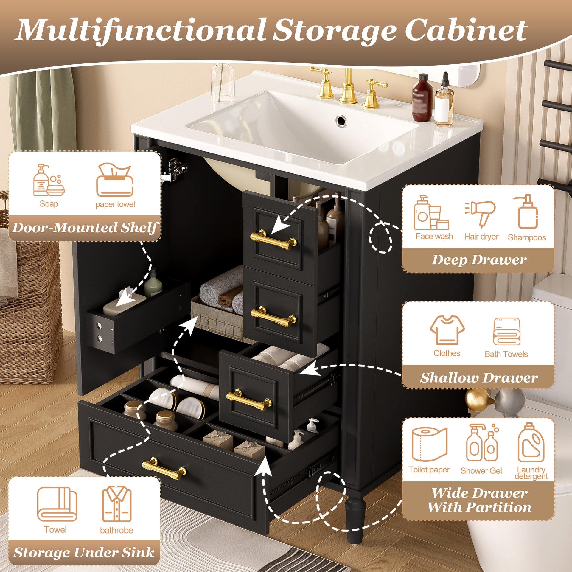 24" Modern Bathroom Vanity with Ceramic Sink, Soft-Close Door, 3 Drawers, Gold Handles, and Door-Mounted Rack for Space-Saving Storage