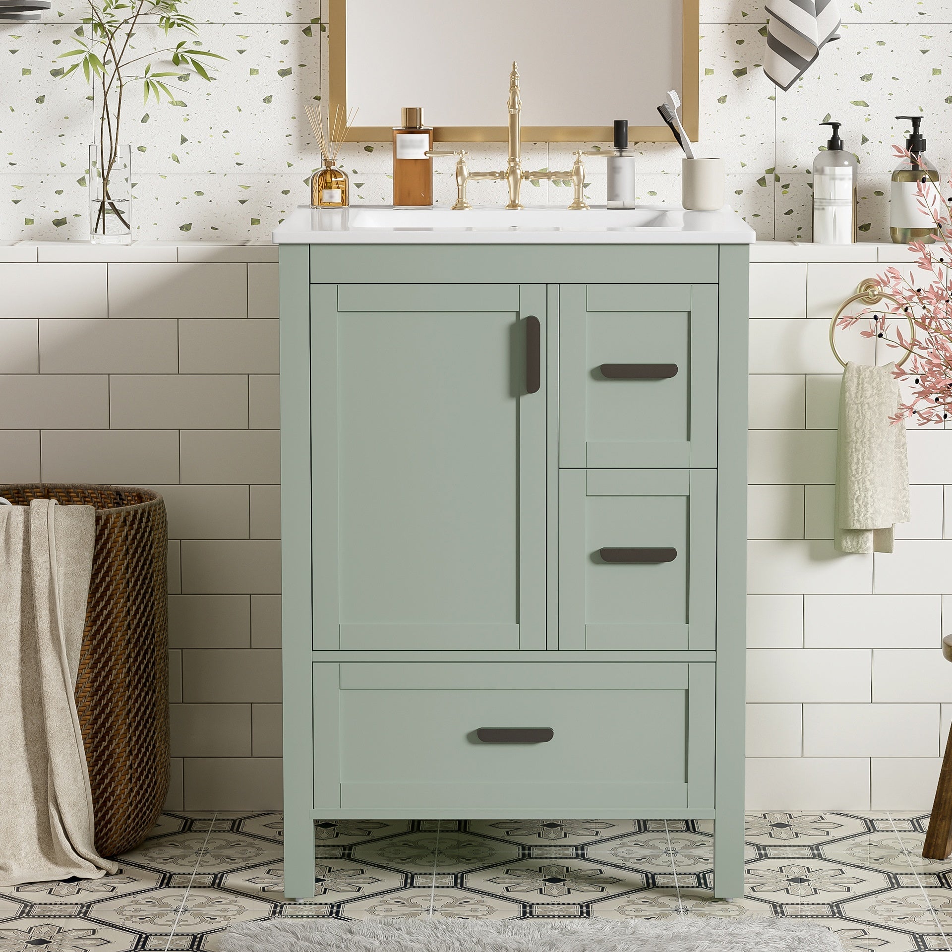 Modern 24-inch Bathroom Vanity with Ceramic Sink, Soft-Close Door, Double-Layer Door Shelf, and 3 Drawers