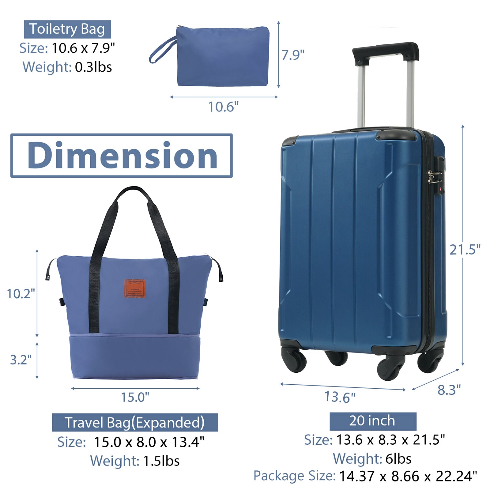 20 Inch Carry On Luggage Set 3 Piece with Spinner Wheels, Lightweight Hardshell ABS Suitcase for Weedend Getaways, Business Travel, Blue