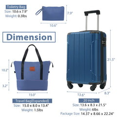 20 Inch Carry On Luggage Set 3 Piece with Spinner Wheels, Lightweight Hardshell ABS Suitcase for Weedend Getaways, Business Travel, Blue