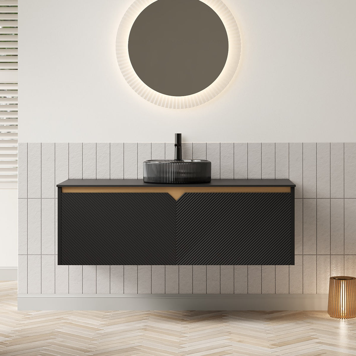RUBEN 48" Bathroom Vanity with Sink, Wall-Mounted Floating Plywood Storage Cabinet, Twill Double Doors with Metal Trim, Transparent Black Round Glass Basin and Black Sintered Stone Top, Black