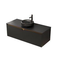 RUBEN 48" Bathroom Vanity with Sink, Wall-Mounted Floating Plywood Storage Cabinet, Twill Double Doors with Metal Trim, Transparent Black Round Glass Basin and Black Sintered Stone Top, Black