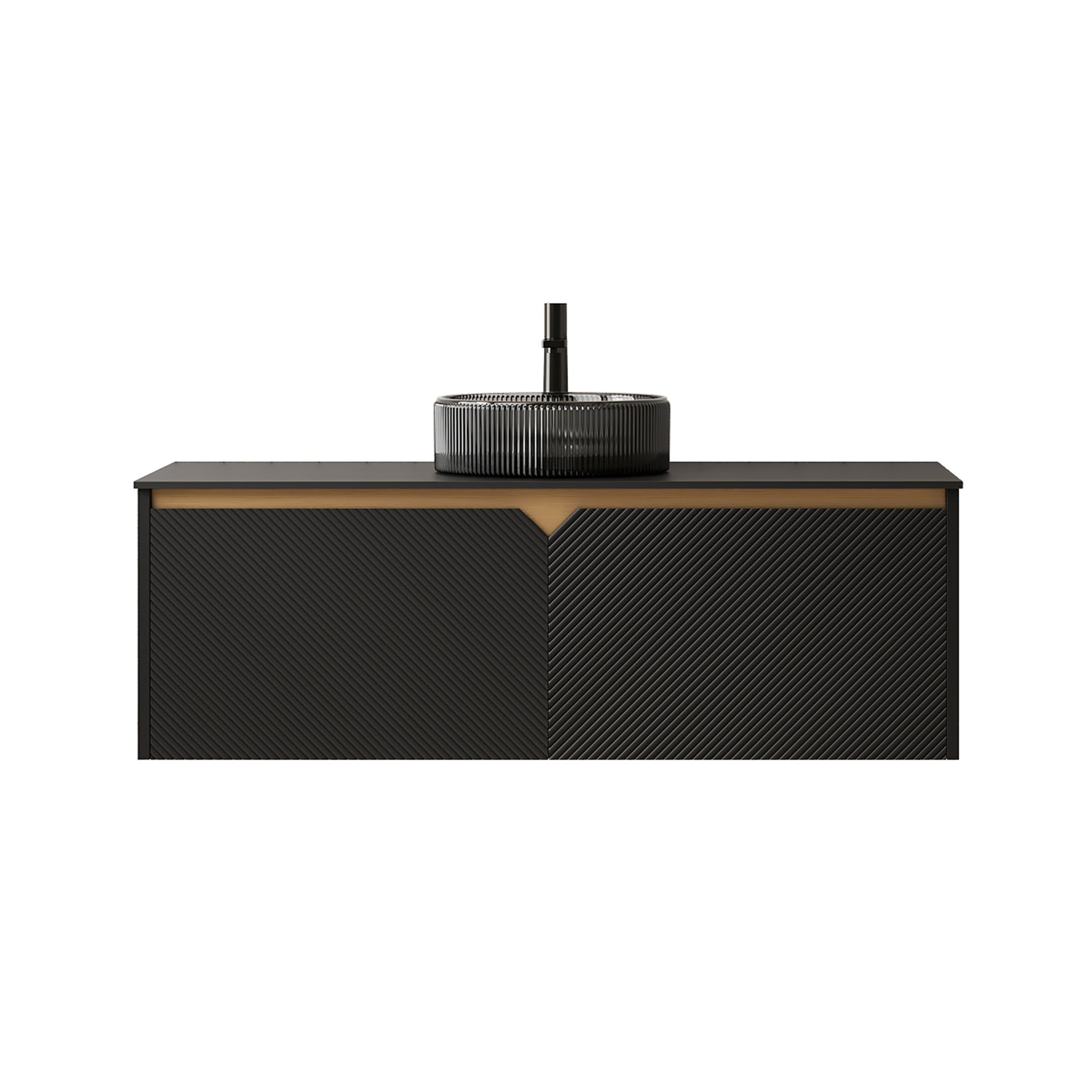 RUBEN 48" Bathroom Vanity with Sink, Wall-Mounted Floating Plywood Storage Cabinet, Twill Double Doors with Metal Trim, Transparent Black Round Glass Basin and Black Sintered Stone Top, Black