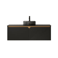 RUBEN 48" Bathroom Vanity with Sink, Wall-Mounted Floating Plywood Storage Cabinet, Twill Double Doors with Metal Trim, Transparent Black Round Glass Basin and Black Sintered Stone Top, Black