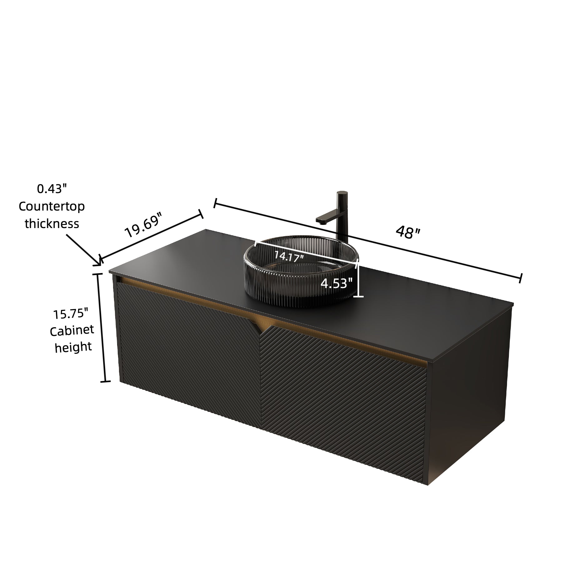 RUBEN 48" Bathroom Vanity with Sink, Wall-Mounted Floating Plywood Storage Cabinet, Twill Double Doors with Metal Trim, Transparent Black Round Glass Basin and Black Sintered Stone Top, Black