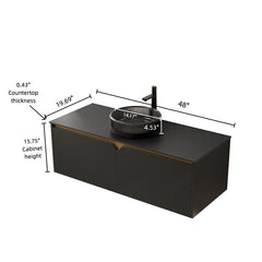 RUBEN 48" Bathroom Vanity with Sink, Wall-Mounted Floating Plywood Storage Cabinet, Twill Double Doors with Metal Trim, Transparent Black Round Glass Basin and Black Sintered Stone Top, Black