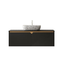 RUBEN 48" Bathroom Vanity&Sink, Wall-Mounted Floating Plywood Storage Cabinet, Twill Double Doors with Metal Trim, Marble Pattern Rectangle Ceramic Vessel Basin&Black Sintered Stone Top, Black