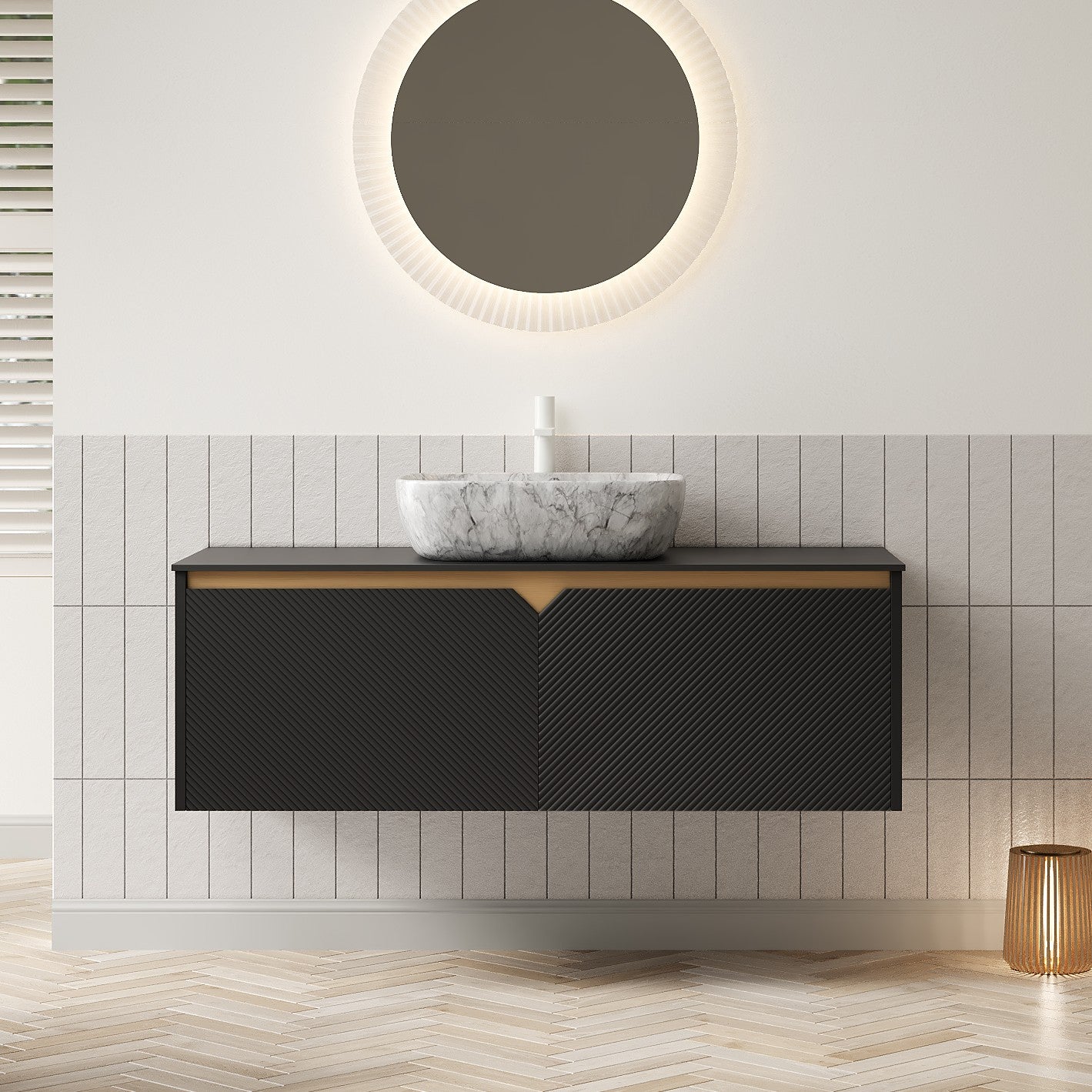 RUBEN 48" Bathroom Vanity&Sink, Wall-Mounted Floating Plywood Storage Cabinet, Twill Double Doors with Metal Trim, Marble Pattern Rectangle Ceramic Vessel Basin&Black Sintered Stone Top, Black